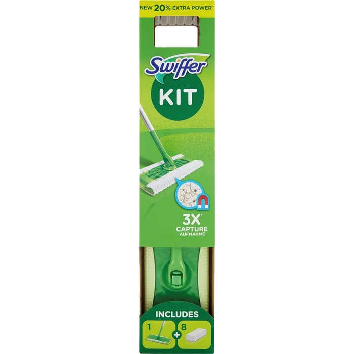 SWIFFER Swiffer Starter Kit Preassemblato - Scopa con 1 Manico + 8 Panni Catturapolvere
