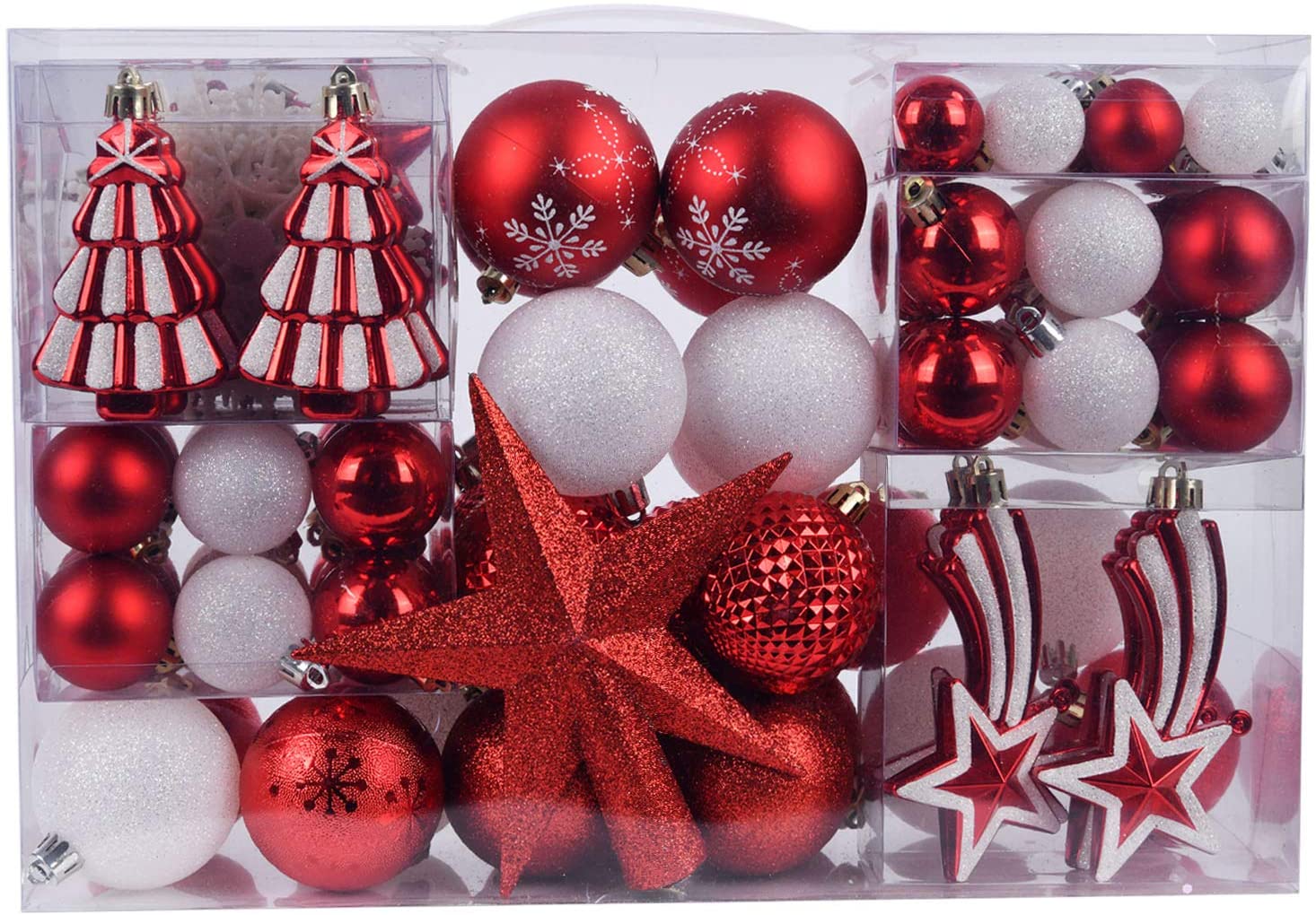 Decorazioni Albero di Natale Palline di Plastica Bianche e Rosse 108 Pezzi in 14 Tipi