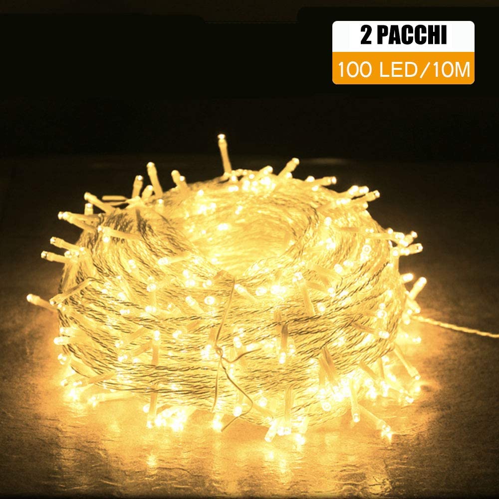 Catena Luminosa, 10m 100LED Luci Brillanti Filo di Rame Impermeabile Presa Ideale per Compleanno Decorazioni Natalizie Feste di Natale Luce Bianca Calda [2 Pacchi]