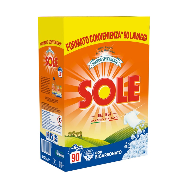 Sole Detersivo Bucato in polvere bianco splendente con bicarbonato fustone 90 misurini