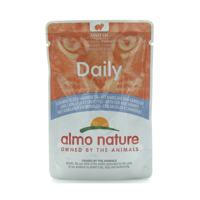 ALMO NATURE GATTI DAILY MERLUZZO-GAMBERETTI BUSTA 70 GRAMMI